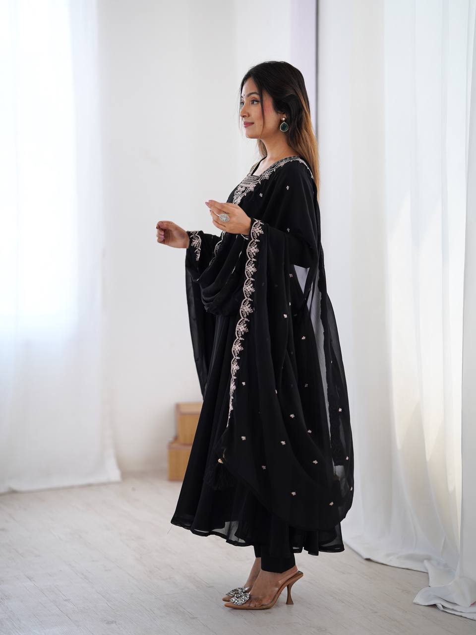 Black Embroidered Georgette Anarkali Set
