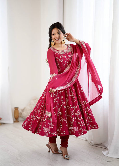 Aaradhya’s Regal Ruby Embroidered Ensemble Anarkali with Graceful Dupatta