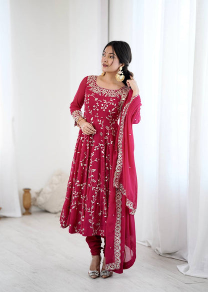 Aaradhya’s Regal Ruby Embroidered Ensemble Anarkali with Graceful Dupatta