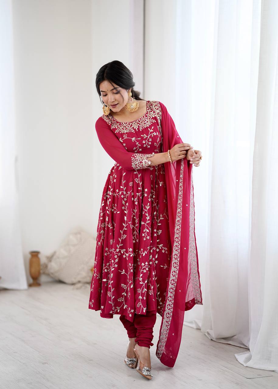 Aaradhya’s Regal Ruby Embroidered Ensemble Anarkali with Graceful Dupatta