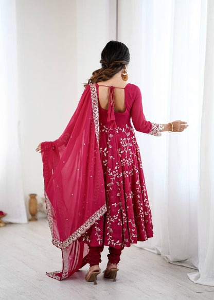 Aaradhya’s Regal Ruby Embroidered Ensemble Anarkali with Graceful Dupatta