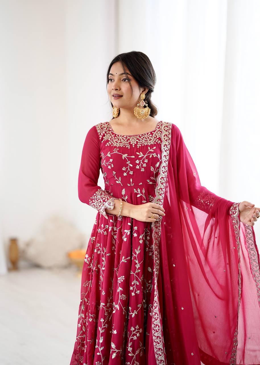 Aaradhya’s Regal Ruby Embroidered Ensemble Anarkali with Graceful Dupatta