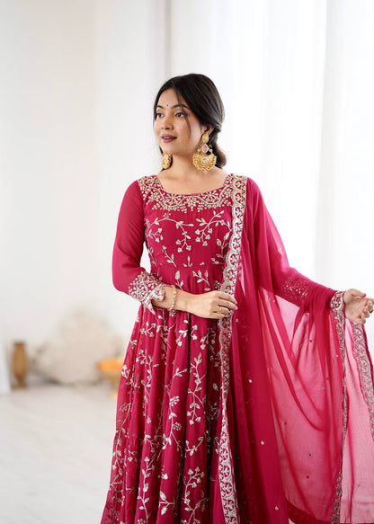 Aaradhya’s Regal Ruby Embroidered Ensemble Anarkali with Graceful Dupatta