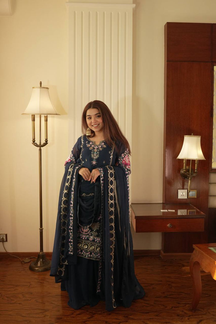 Kiyara Midnight Blossom Hand Embroidered Suit Set
