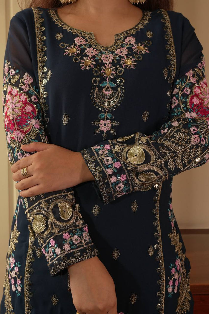 Kiyara Midnight Blossom Hand Embroidered Suit Set