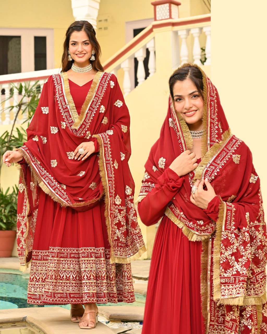 Charvi Regal Vermilion Glow Traditional Red Anarkali Set with Golden Dupatta