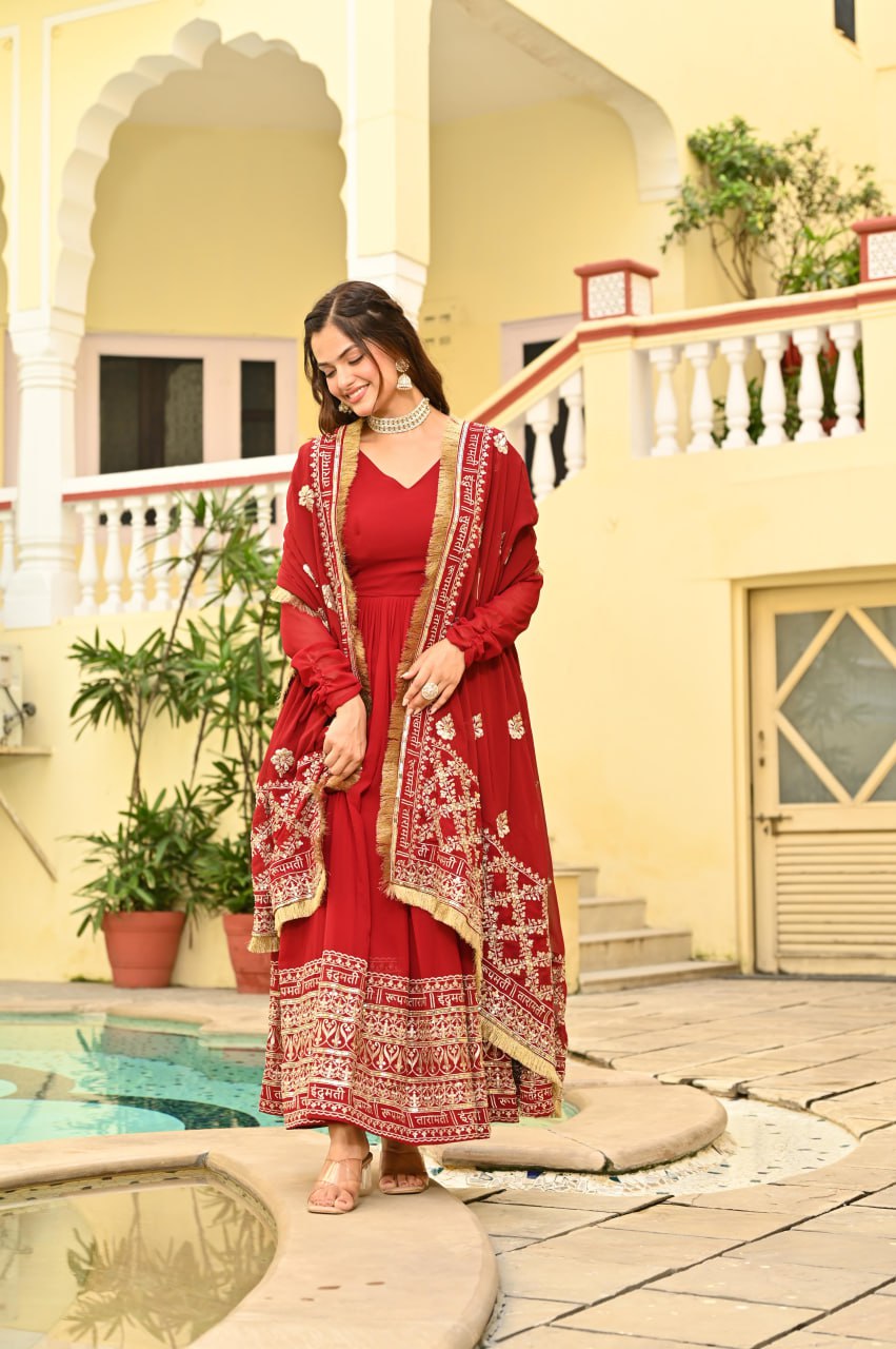 Charvi Regal Vermilion Glow Traditional Red Anarkali Set with Golden Dupatta