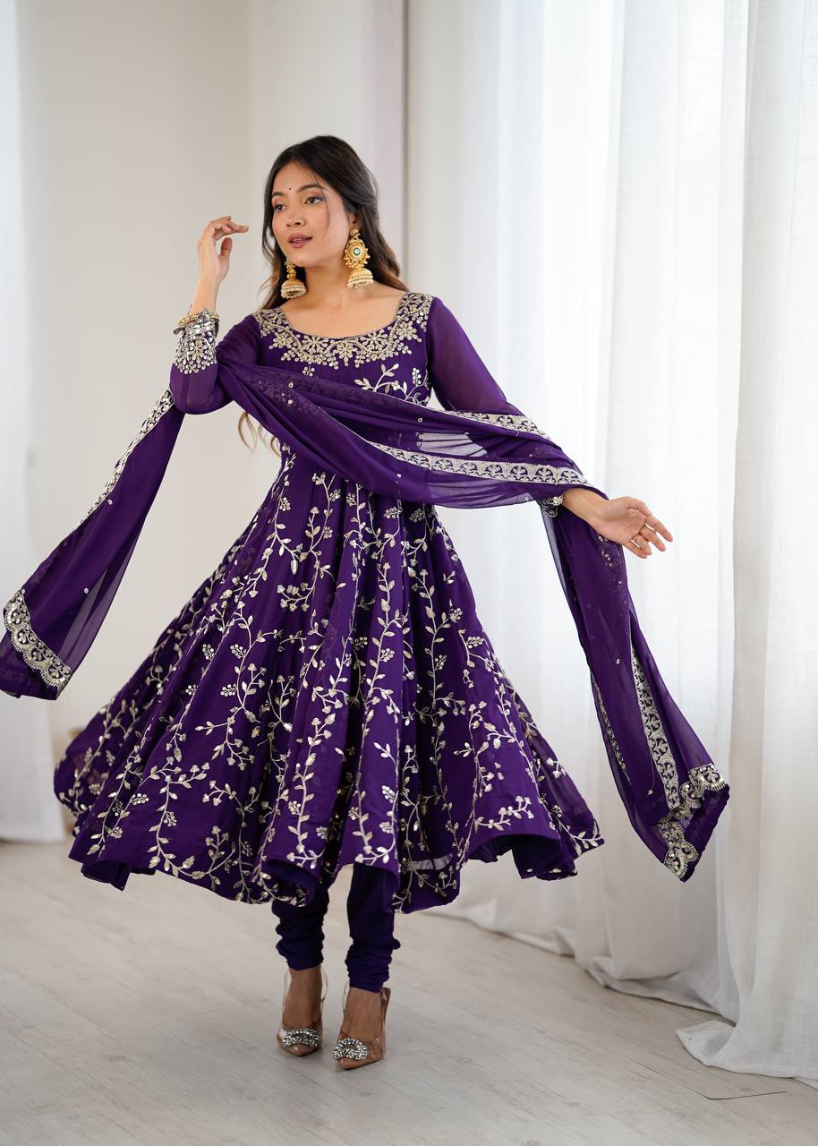 Aaradhya’s Regal Ruby Embroidered Ensemble Anarkali with Graceful Dupatta
