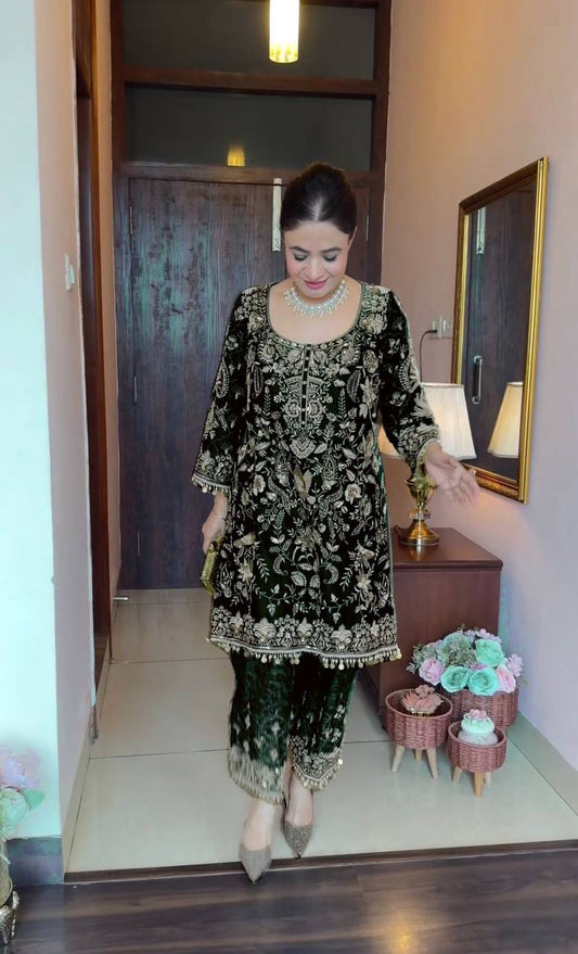 Green Colored Velvet Top Pent Suit Set