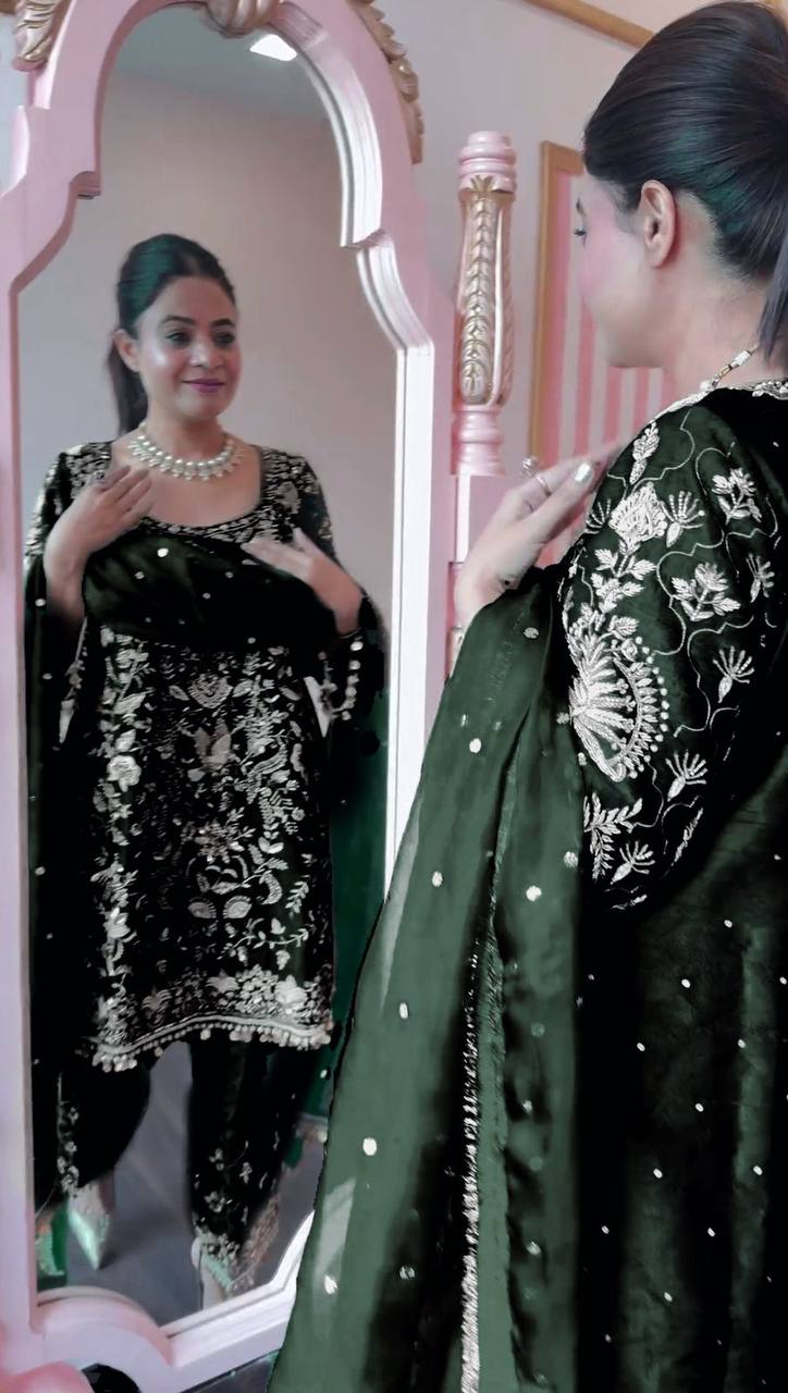 Green Colored Velvet Top Pent Suit Set