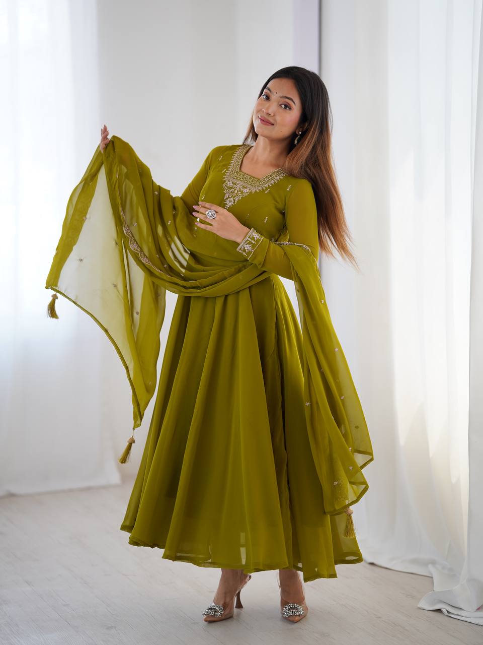 Verdant Grace: Embroidered  Anarkali Gown with Dupatta