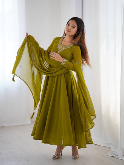 Verdant Grace: Embroidered  Anarkali Gown with Dupatta
