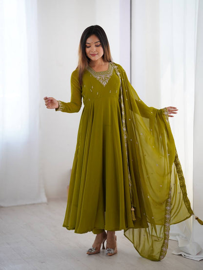 Verdant Grace: Embroidered  Anarkali Gown with Dupatta