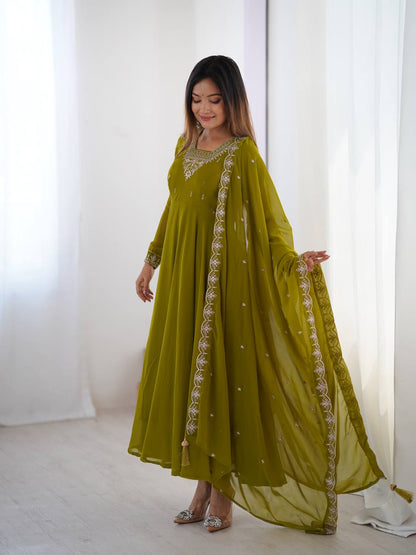 Verdant Grace: Embroidered  Anarkali Gown with Dupatta