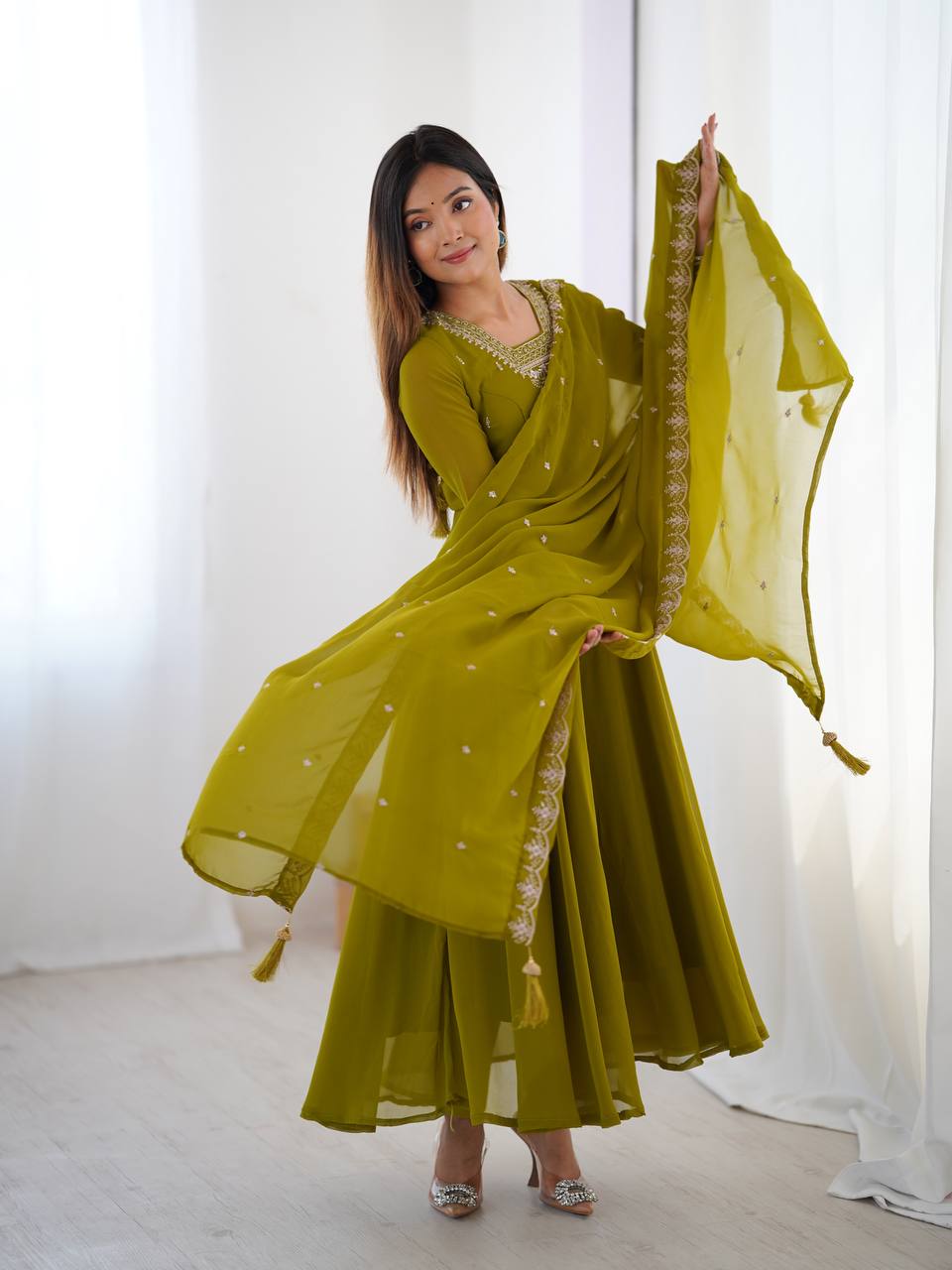 Verdant Grace: Embroidered  Anarkali Gown with Dupatta