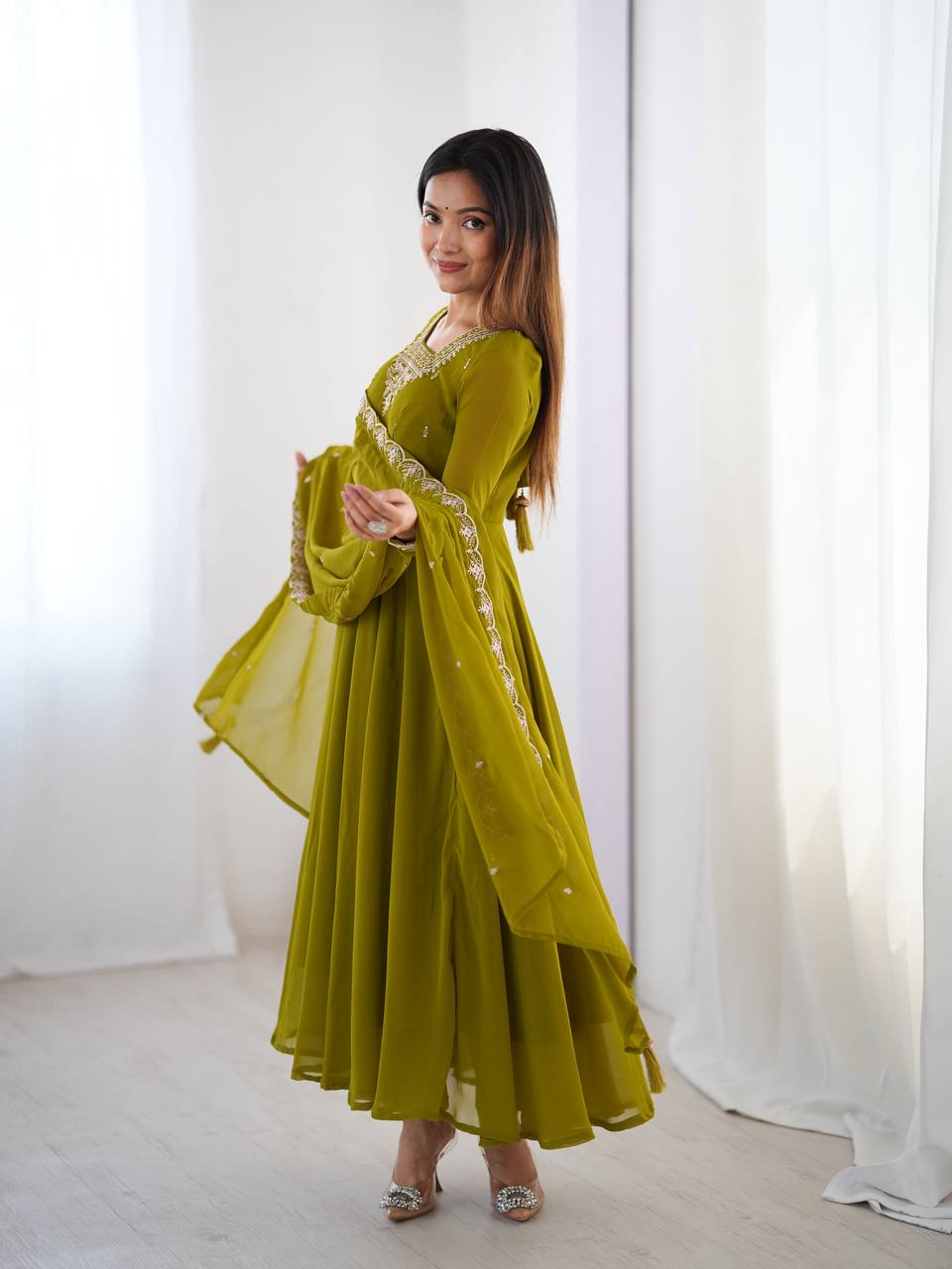 Verdant Grace: Embroidered  Anarkali Gown with Dupatta