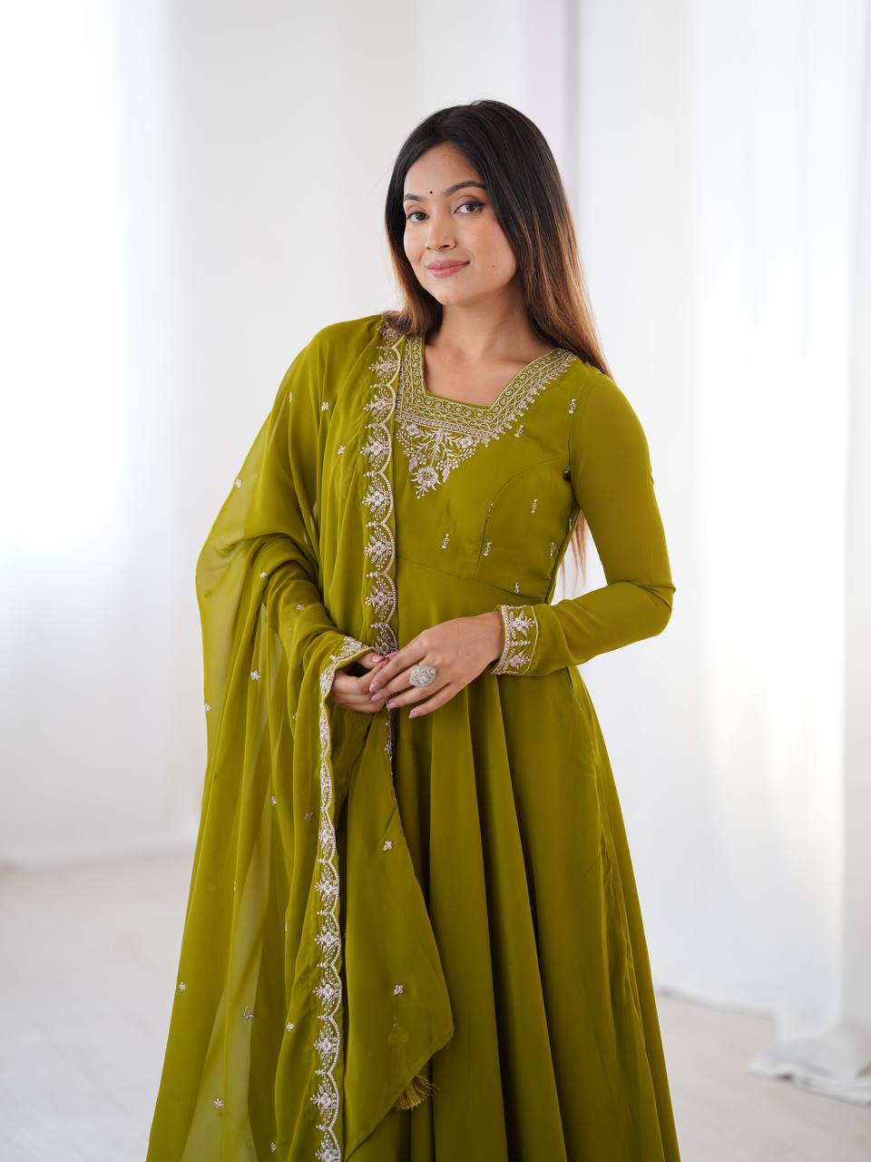 Verdant Grace: Embroidered  Anarkali Gown with Dupatta
