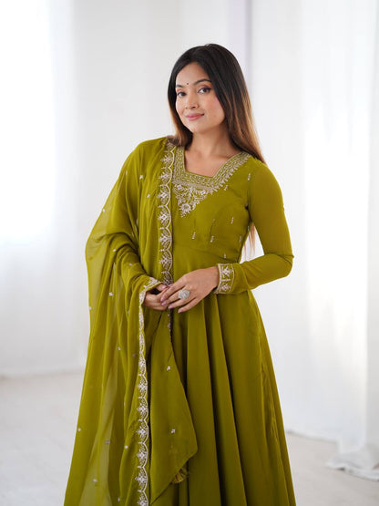 Verdant Grace: Embroidered  Anarkali Gown with Dupatta