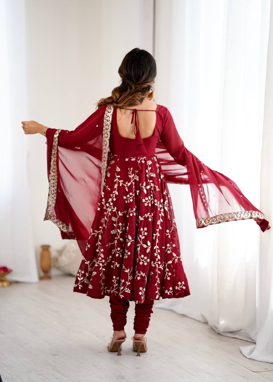 Aaradhya’s Regal Ruby Embroidered Ensemble Anarkali with Graceful Dupatta