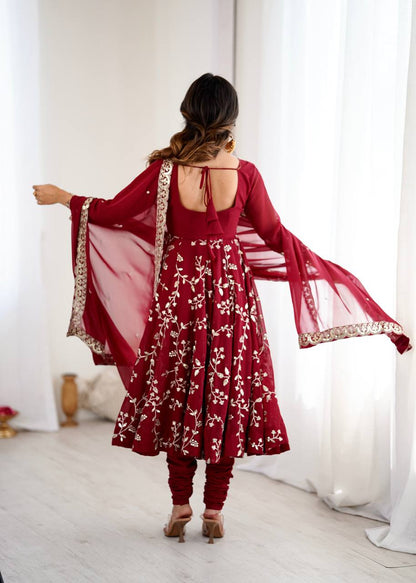 Aaradhya’s Regal Ruby Embroidered Ensemble Anarkali with Graceful Dupatta