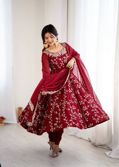 Aaradhya’s Regal Ruby Embroidered Ensemble Anarkali with Graceful Dupatta