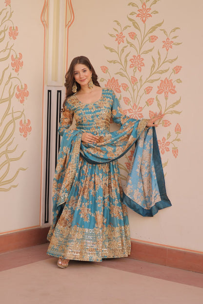 Ruhi Russian Silk Rich  Digital Print With Embroidered Sequins Work Gown