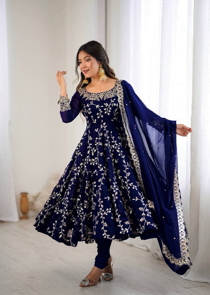 Aaradhya’s Regal Ruby Embroidered Ensemble Anarkali with Graceful Dupatta