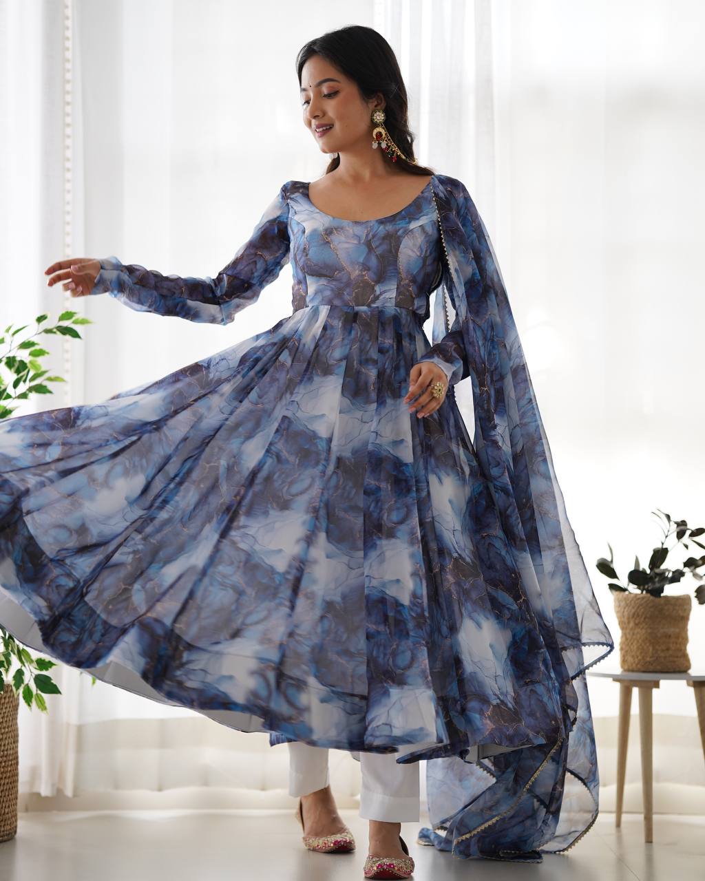 Ocean Mist Marble Print Serenity Anarkali Suit