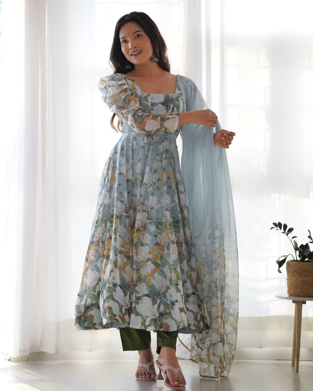BloomAura Heavy Pure Soft Organja Silk Floral Print Anarkali Set