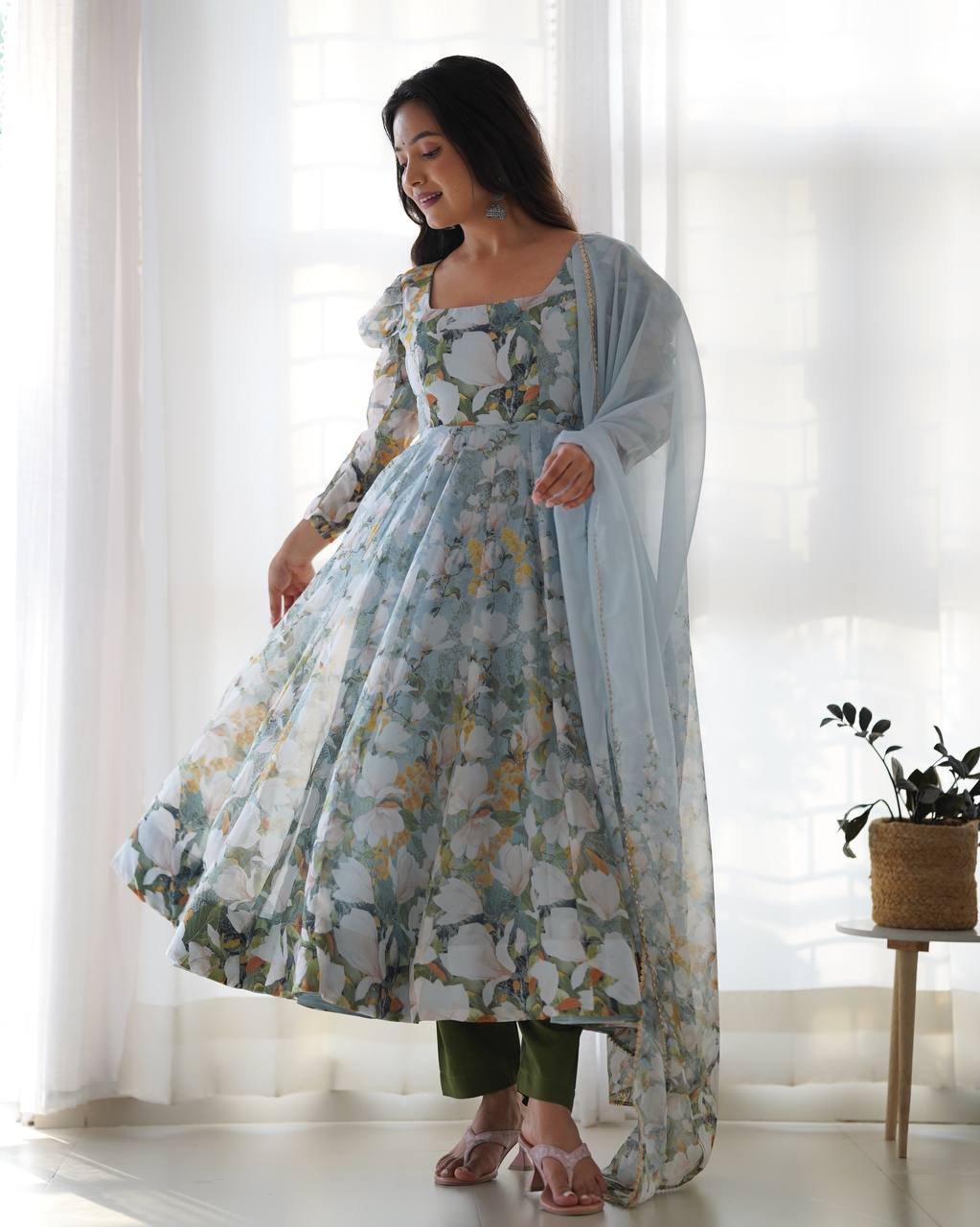 BloomAura Heavy Pure Soft Organja Silk Floral Print Anarkali Set