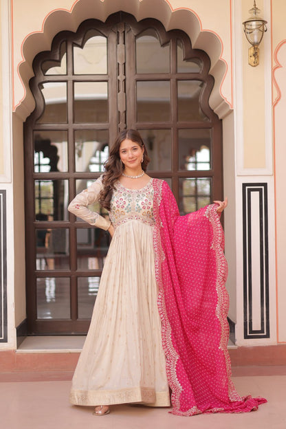 Navrang Elegance - Cosmos Jequard Gown With Bandhani Printed Embroidered Cut work Dupatta Gown Set
