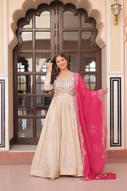 Navrang Elegance - Cosmos Jequard Gown With Bandhani Printed Embroidered Cut work Dupatta Gown Set