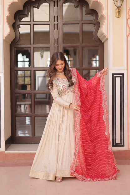 Navrang Elegance - Cosmos Jequard Gown With Bandhani Printed Embroidered Cut work Dupatta Gown Set