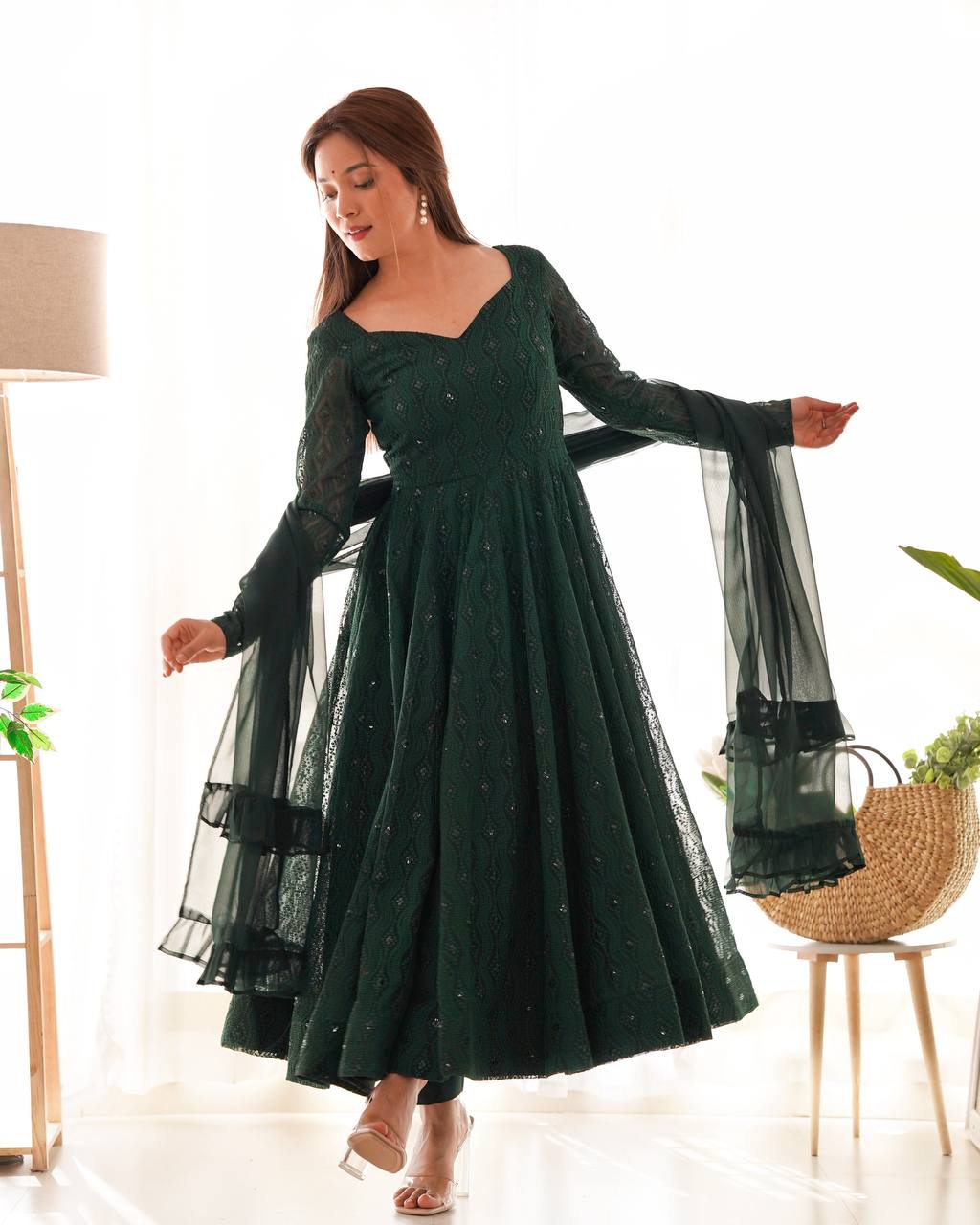 Swirling in Grace – Deep Forest Green Embroidered Anarkali Suit