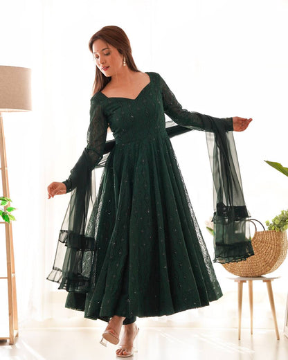 Swirling in Grace – Deep Forest Green Embroidered Anarkali Suit
