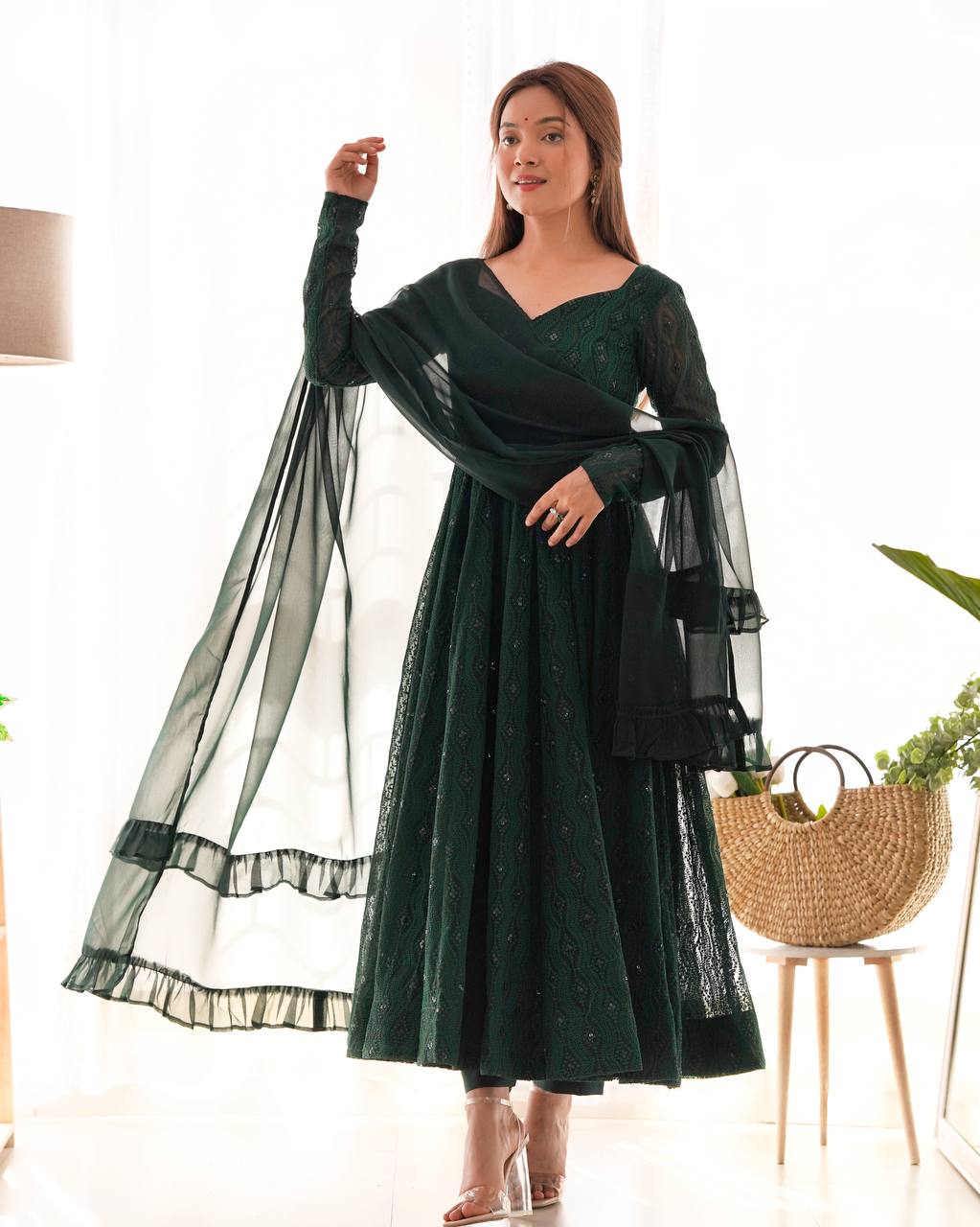 Swirling in Grace – Deep Forest Green Embroidered Anarkali Suit