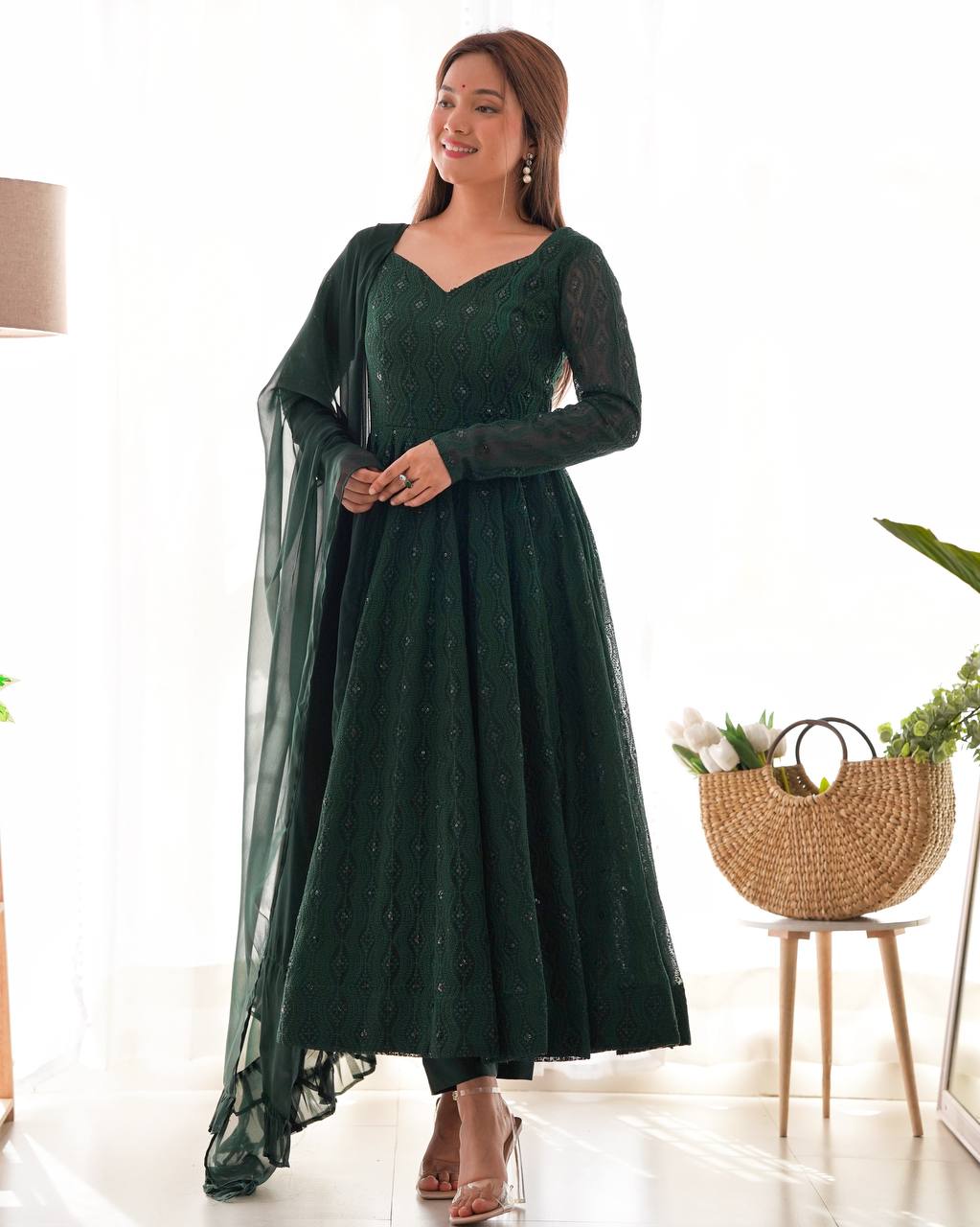 Swirling in Grace – Deep Forest Green Embroidered Anarkali Suit