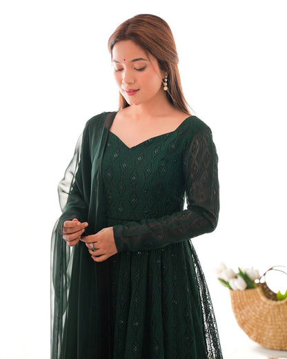 Swirling in Grace – Deep Forest Green Embroidered Anarkali Suit