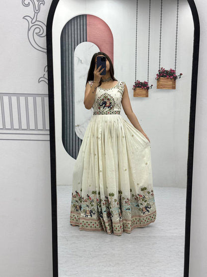 Royal Ivory Charm Handcrafted Elephant Embroidered Anarkali Gown