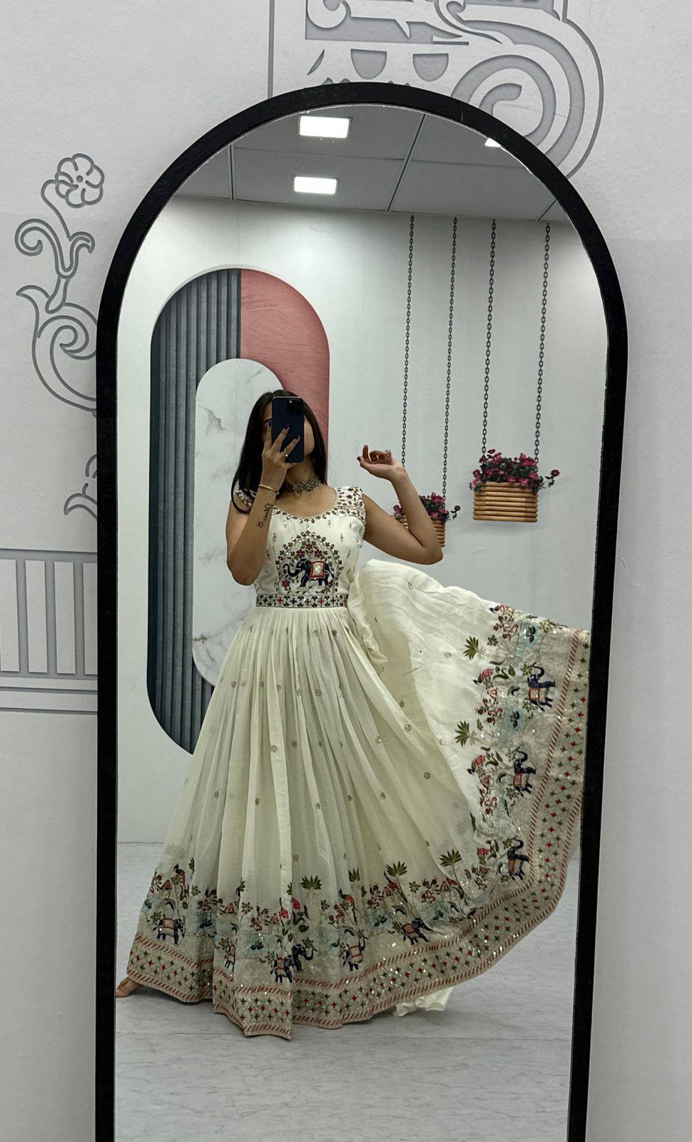 Royal Ivory Charm Handcrafted Elephant Embroidered Anarkali Gown