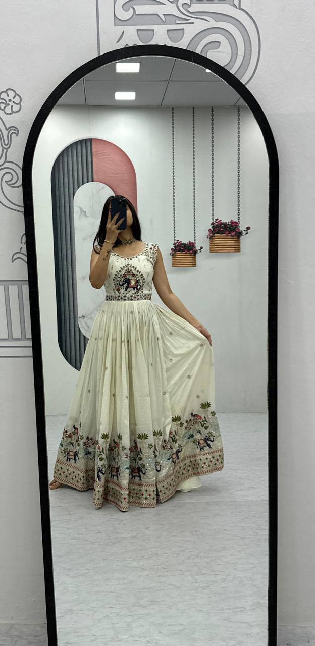 Royal Ivory Charm Handcrafted Elephant Embroidered Anarkali Gown
