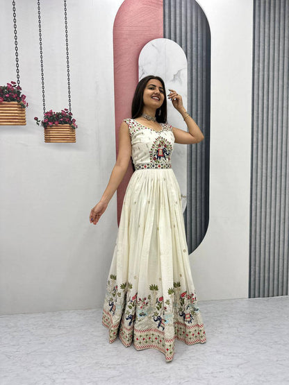 Royal Ivory Charm Handcrafted Elephant Embroidered Anarkali Gown