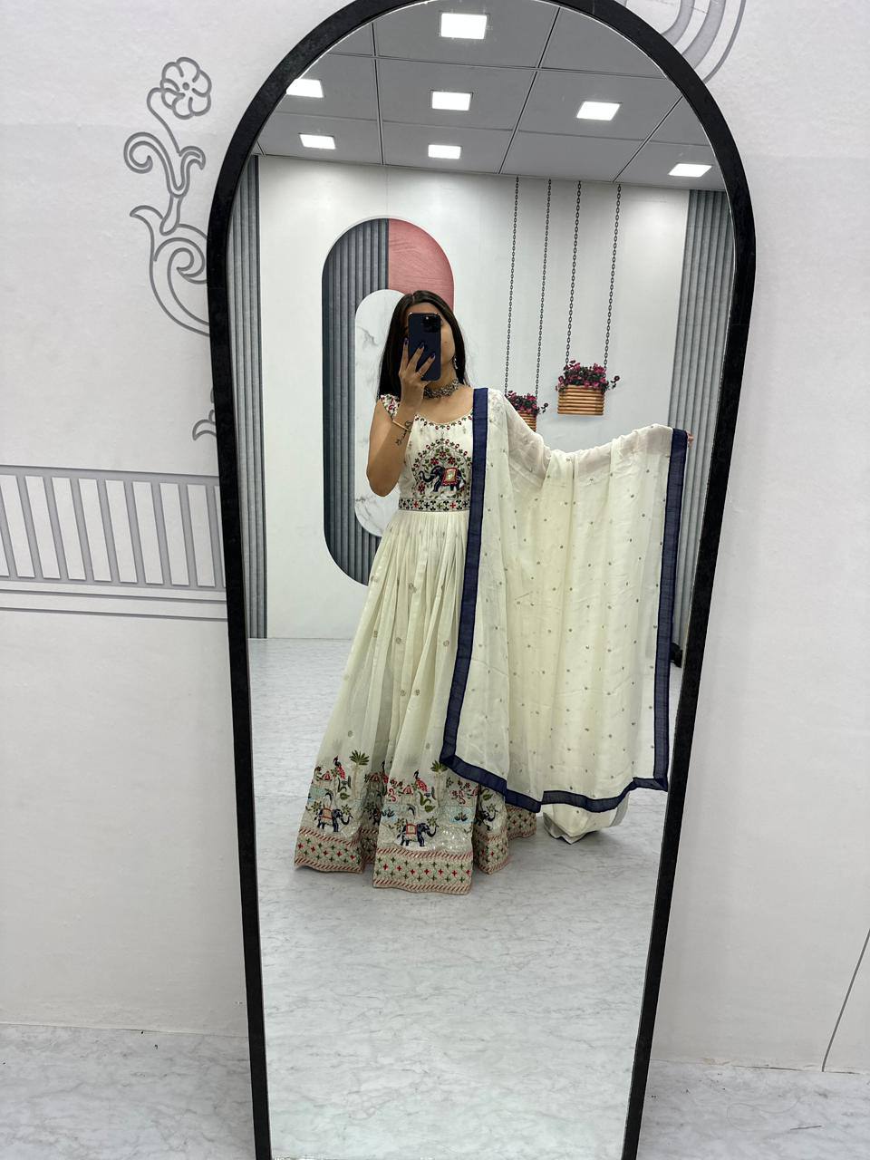 Royal Ivory Charm Handcrafted Elephant Embroidered Anarkali Gown