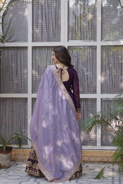 Purple Embroidered Party Wear Gown with Dupatta