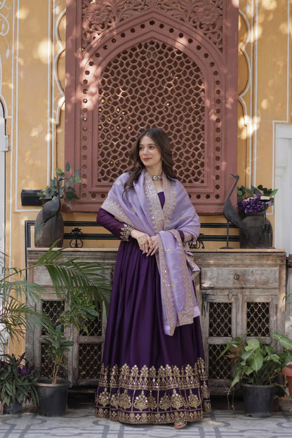 Purple Embroidered Party Wear Gown with Dupatta